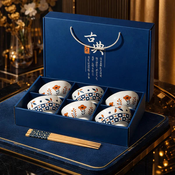 Luxury Japanese Ceramic Bowl Set with Chopsticks – Floral Design (2 / 4 / 6 Pcs Gift Set)