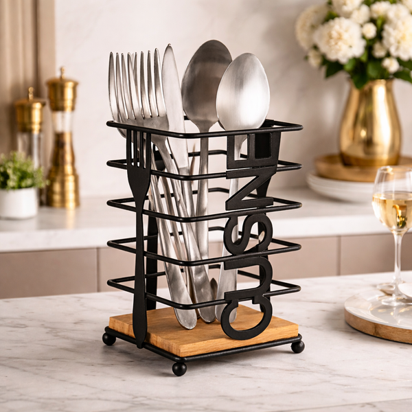Luxury Black Metal Cutlery Holder with Wooden Base | Modern Kitchen Utensil Organizer